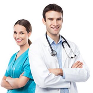 A male and female doctor standing next to each other.